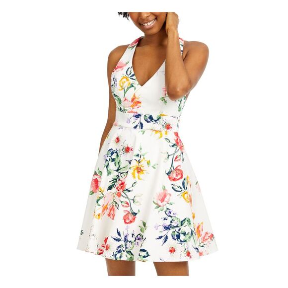 CITY STUDIO Womens Beige Floral Sleeveless V Neck Mini Fit + Flare Dress 9 - Picture 1 of 2